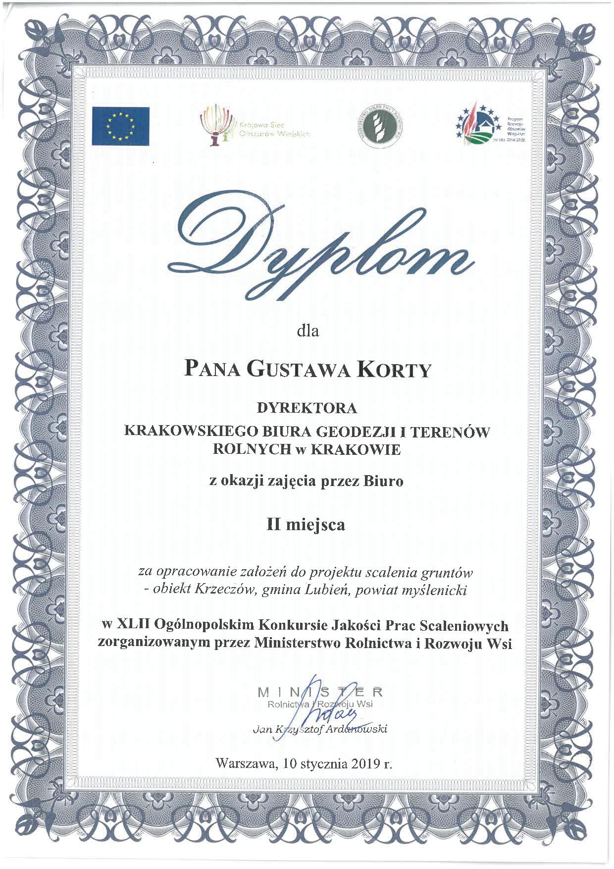 Dyplom za zajęcie II miejsca dla Dyrektora oraz zespołu pracowników Krakowskiego Biura Geodezji i Terenów Rolnych w Krakowie